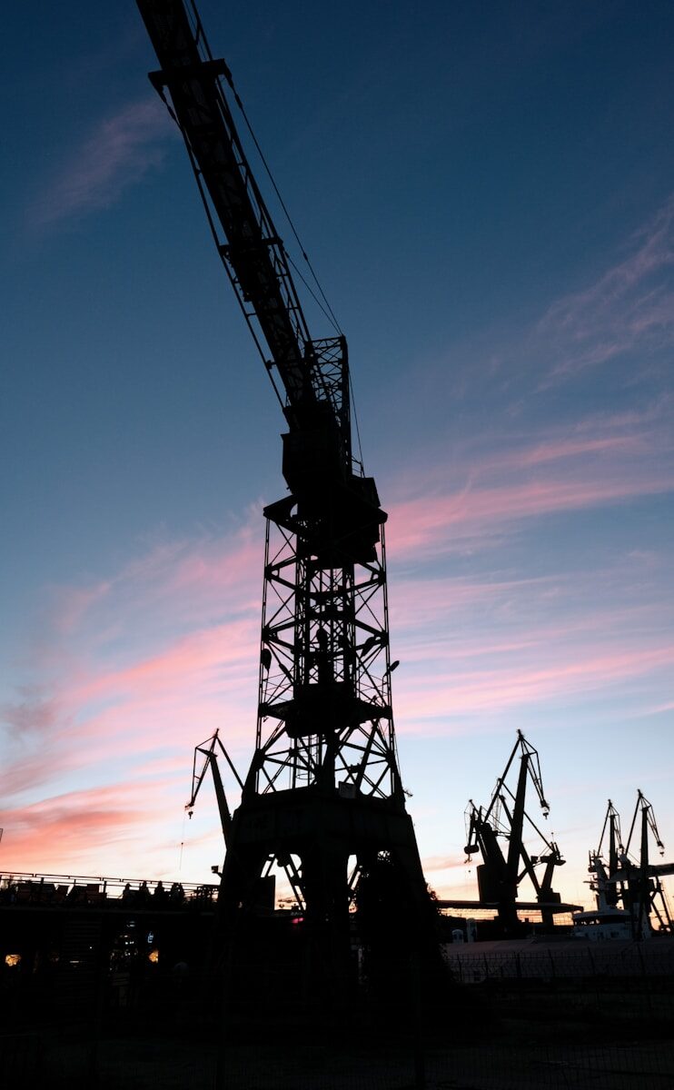 a crane is silhouetted against a pink and blue sky